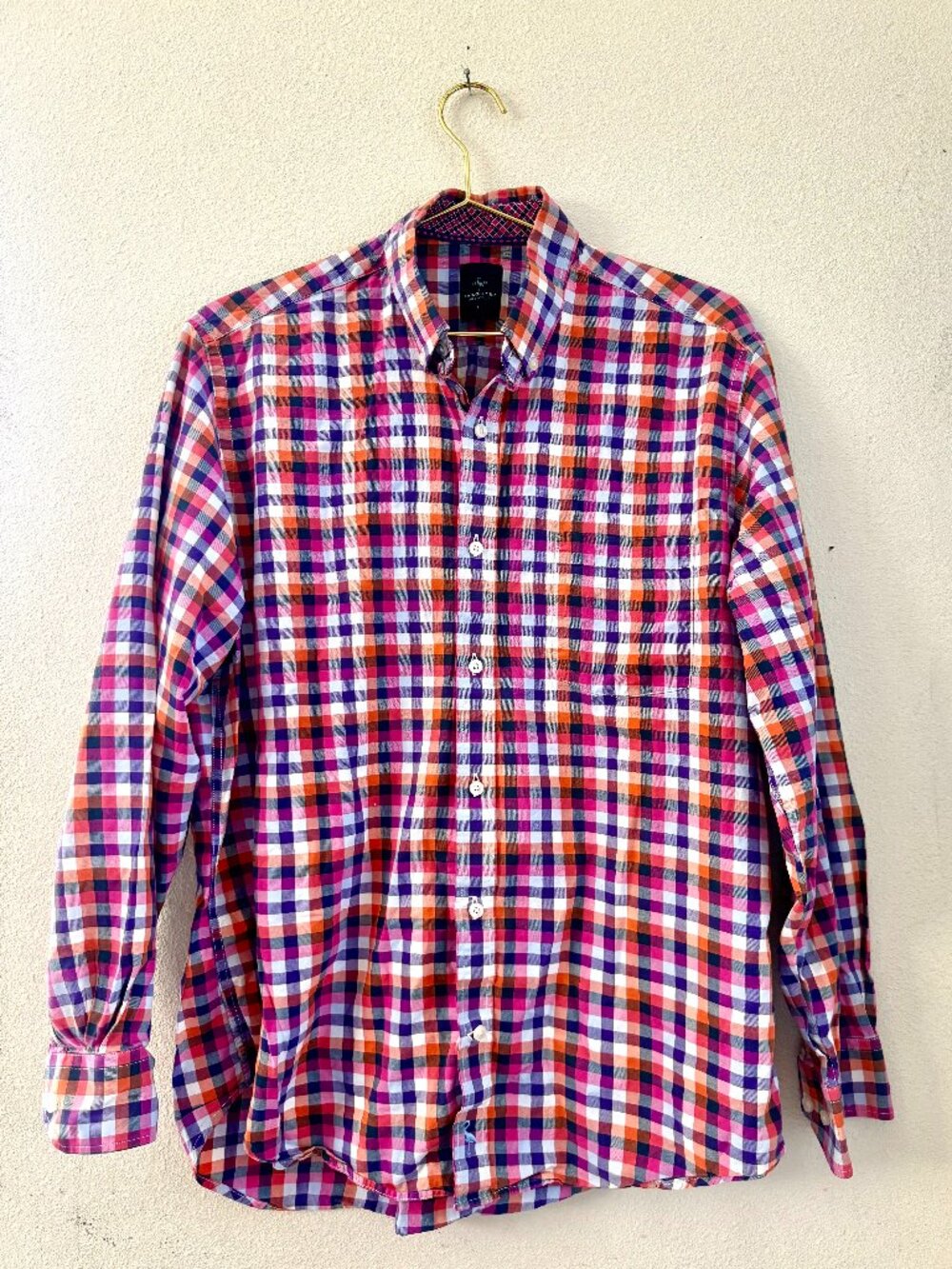 TailorByrd Menswear vibrant, multi-colored plaid button-down shirt Pink Orange